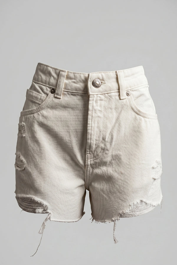 Women's White Super High Rise Ripped Denim Shorts