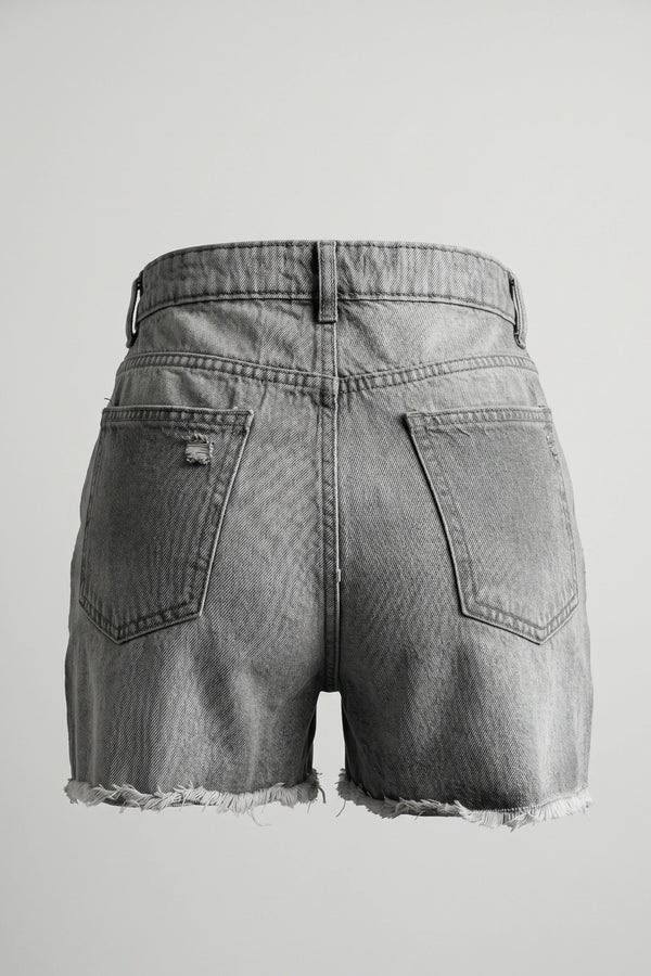 Women's Gray Ripped High Waist Denim Shorts Frayed Hem