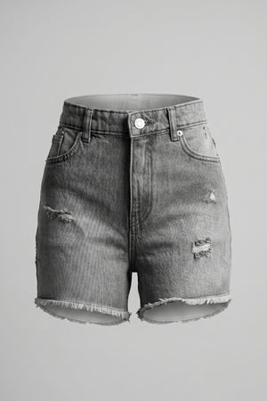 Women's Gray Ripped High Waist Denim Shorts Frayed Hem