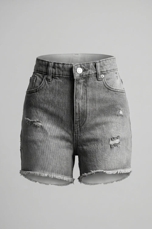 Women's Gray Ripped High Waist Denim Shorts Frayed Hem