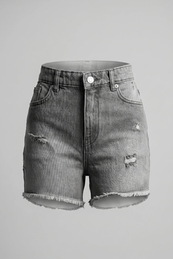 Women's Gray Ripped High Waist Denim Shorts Frayed Hem