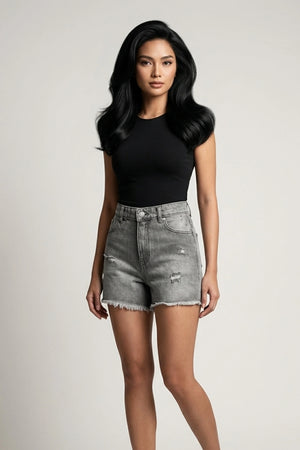 Women's Gray Ripped High Waist Denim Shorts Frayed Hem