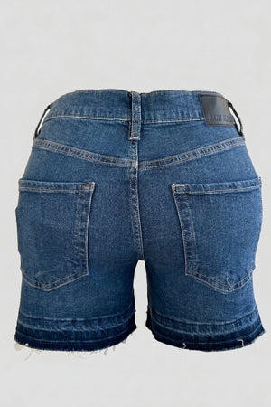 Women's Blue Stretchable Mid Waist Denim Shorts Frayed Hem