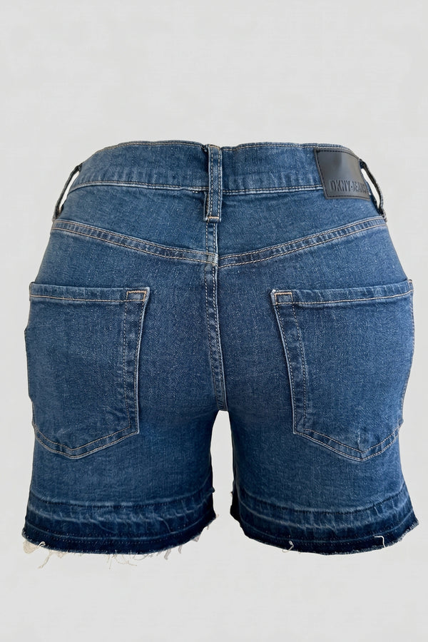 Women's Blue Stretchable Mid Waist Denim Shorts Frayed Hem