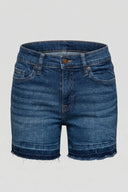 Women's Blue Stretchable Mid Waist Denim Shorts Frayed Hem