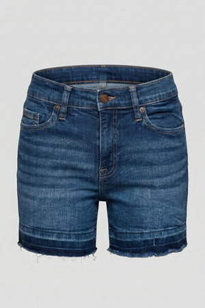 Women's Blue Stretchable Mid Waist Denim Shorts Frayed Hem