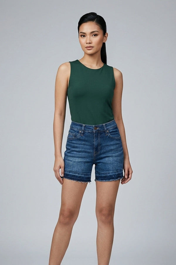 Women's Blue Stretchable Mid Waist Denim Shorts Frayed Hem