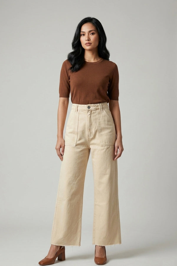 Women's Denim Straight Cut Wide Leg Pants Cream