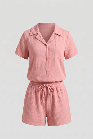 Women’s Cotton Linen Short Sleeve Shirt and Shorts Set