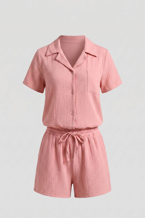 Women’s Cotton Linen Short Sleeve Shirt and Shorts Set