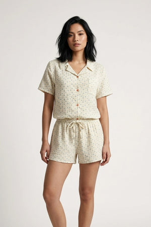 Women's Cotton Linen Short Set Printed Button Up Shirt