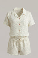 Women's Cotton Linen Short Set Printed Button Up Shirt