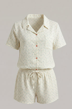 Women's Cotton Linen Short Set Printed Button Up Shirt