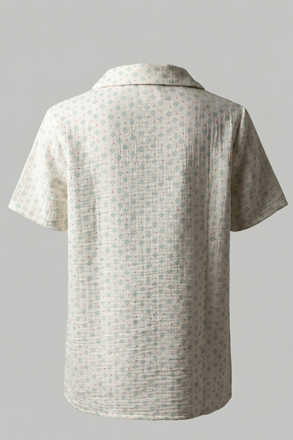 Women's Cotton Linen Short Set Printed Button Up Shirt