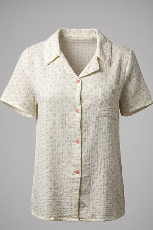 Women's Cotton Linen Short Set Printed Button Up Shirt