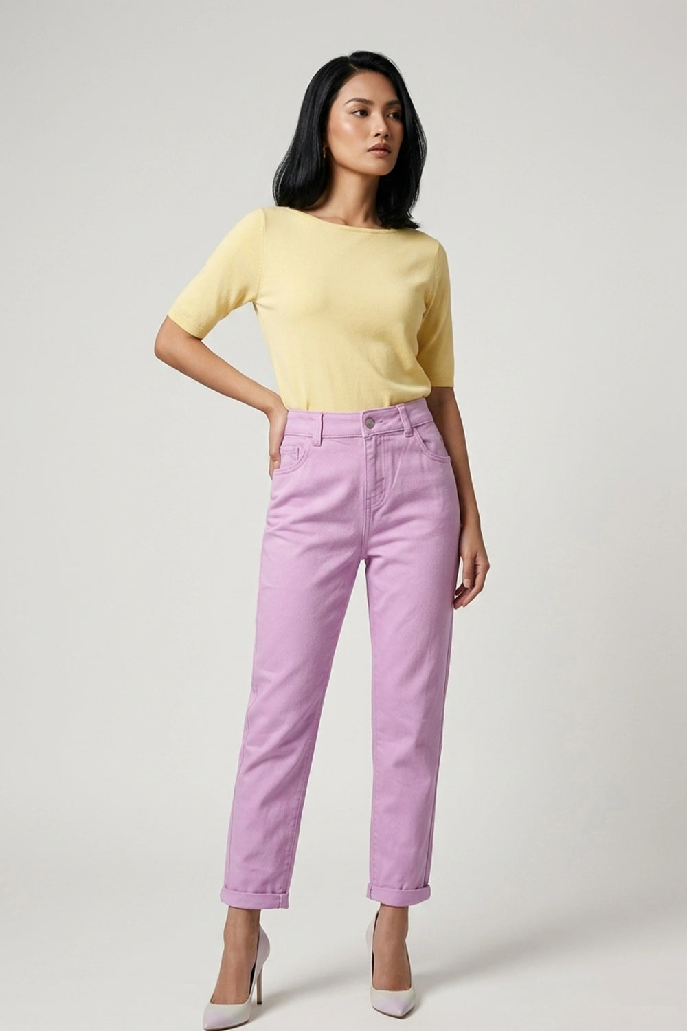 Women's Girlfriend High Waist Jeans Rolled Hem Denim