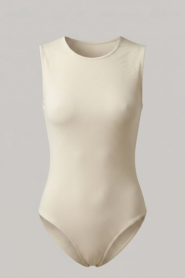 Women's Ribbed Sleeveless Bodysuit Crew Neck Fitted Body