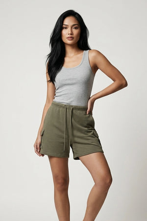 Women's Terry Cargo Shorts Elastic Waist Casual Shorts