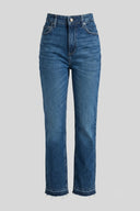 Straight Cut High 80s Semi Bootcut Jeans Crystal Button