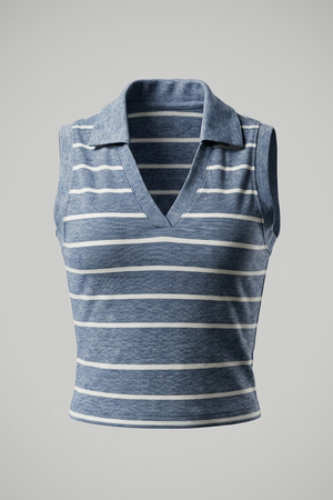 Women's Striped Polo Crop Top – Sleeveless V-Neck