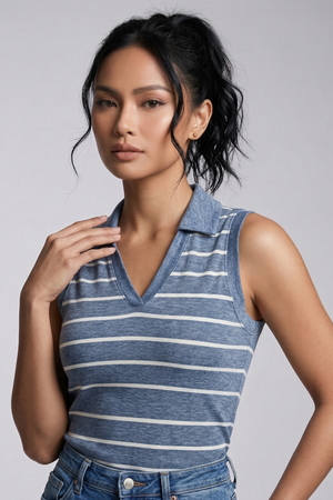 Women's Striped Polo Crop Top – Sleeveless V-Neck
