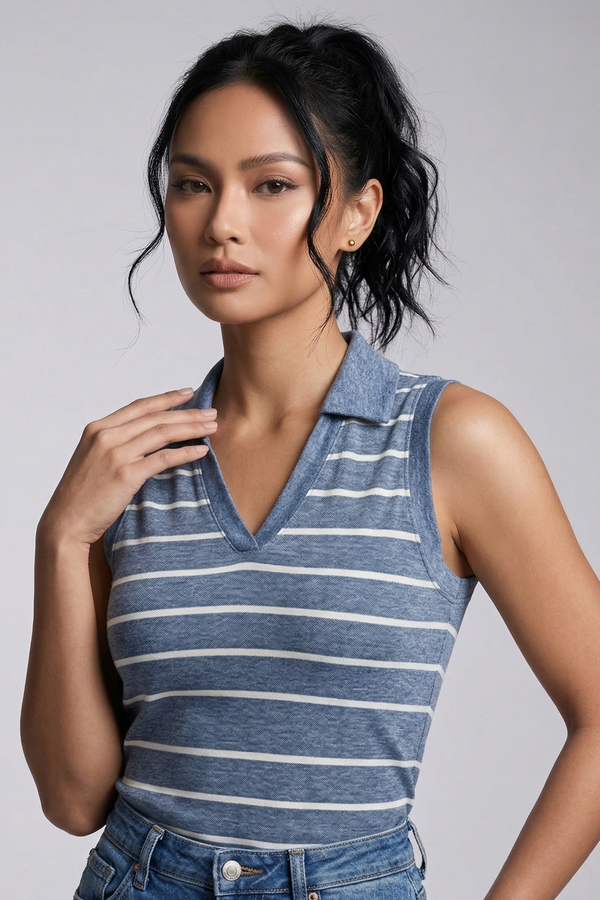 Women's Striped Polo Crop Top – Sleeveless V-Neck