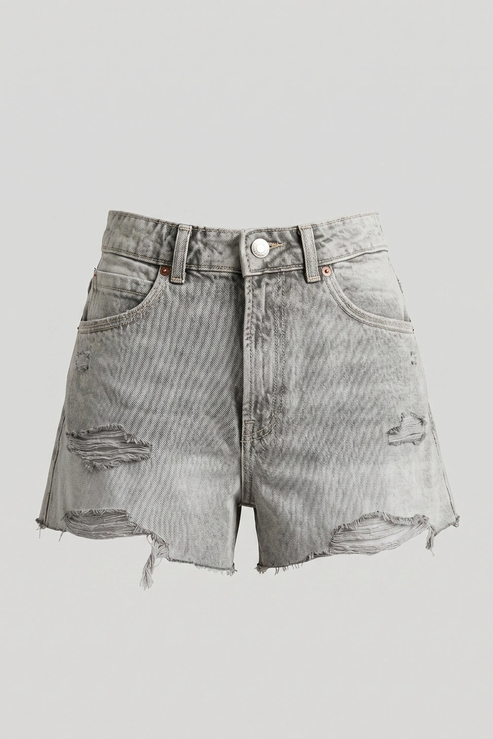 Women's High Rise Gray Denim Shorts Ripped Raw Hem Cut
