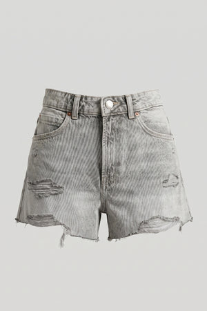Women's High Rise Gray Denim Shorts Ripped Raw Hem Cut