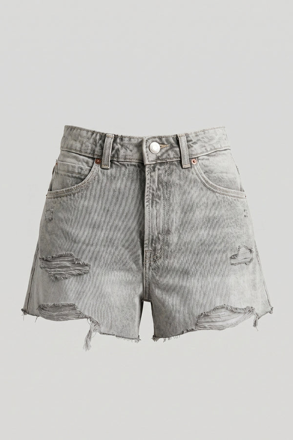 Women's High Rise Gray Denim Shorts Ripped Raw Hem Cut