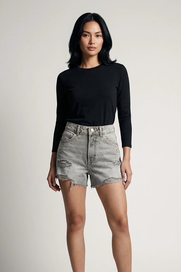 Women's High Rise Gray Denim Shorts Ripped Raw Hem Cut