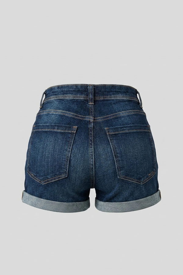 Women's High Rise Folded Denim Shorts Dark Blue Ripped