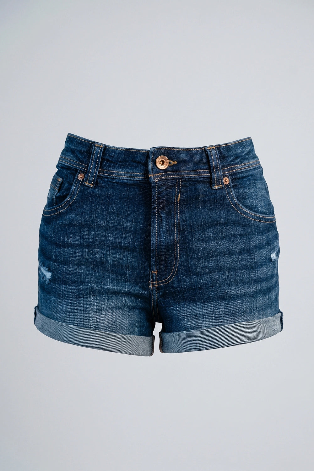 Women's High Rise Folded Denim Shorts Dark Blue Ripped