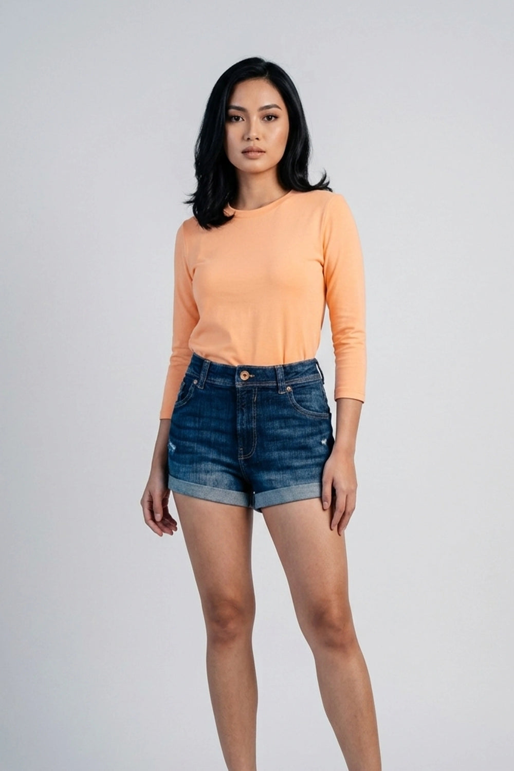 Women's High Rise Folded Denim Shorts Dark Blue Ripped