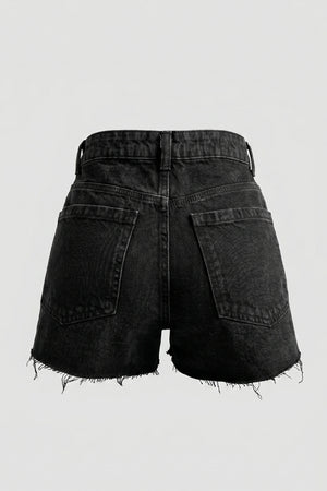 Women's Black High Rise Ripped Denim Shorts Frayed Hem