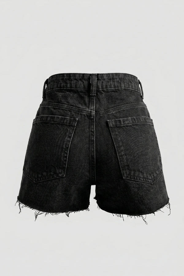 Women's Black High Rise Ripped Denim Shorts Frayed Hem