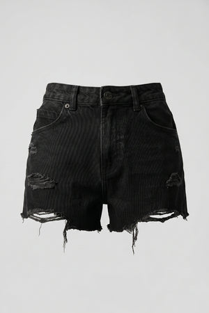 Women's Black High Rise Ripped Denim Shorts Frayed Hem