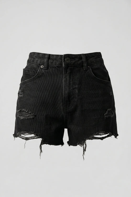 Women's Black High Rise Ripped Denim Shorts Frayed Hem