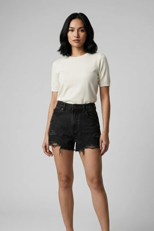 Women's Black High Rise Ripped Denim Shorts Frayed Hem