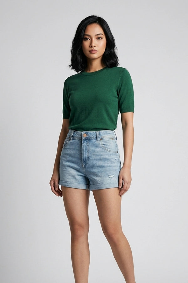 Women's High Rise Denim Shorts Rolled Cuff Distressed