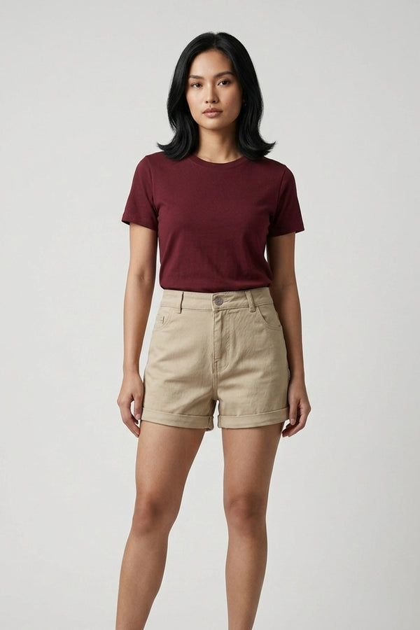 High Rise Summer Casual Wear Beige Denim Shorts