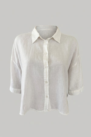 Women's Oversized Crop Linen Shirt 3/4 Sleeve Button Up