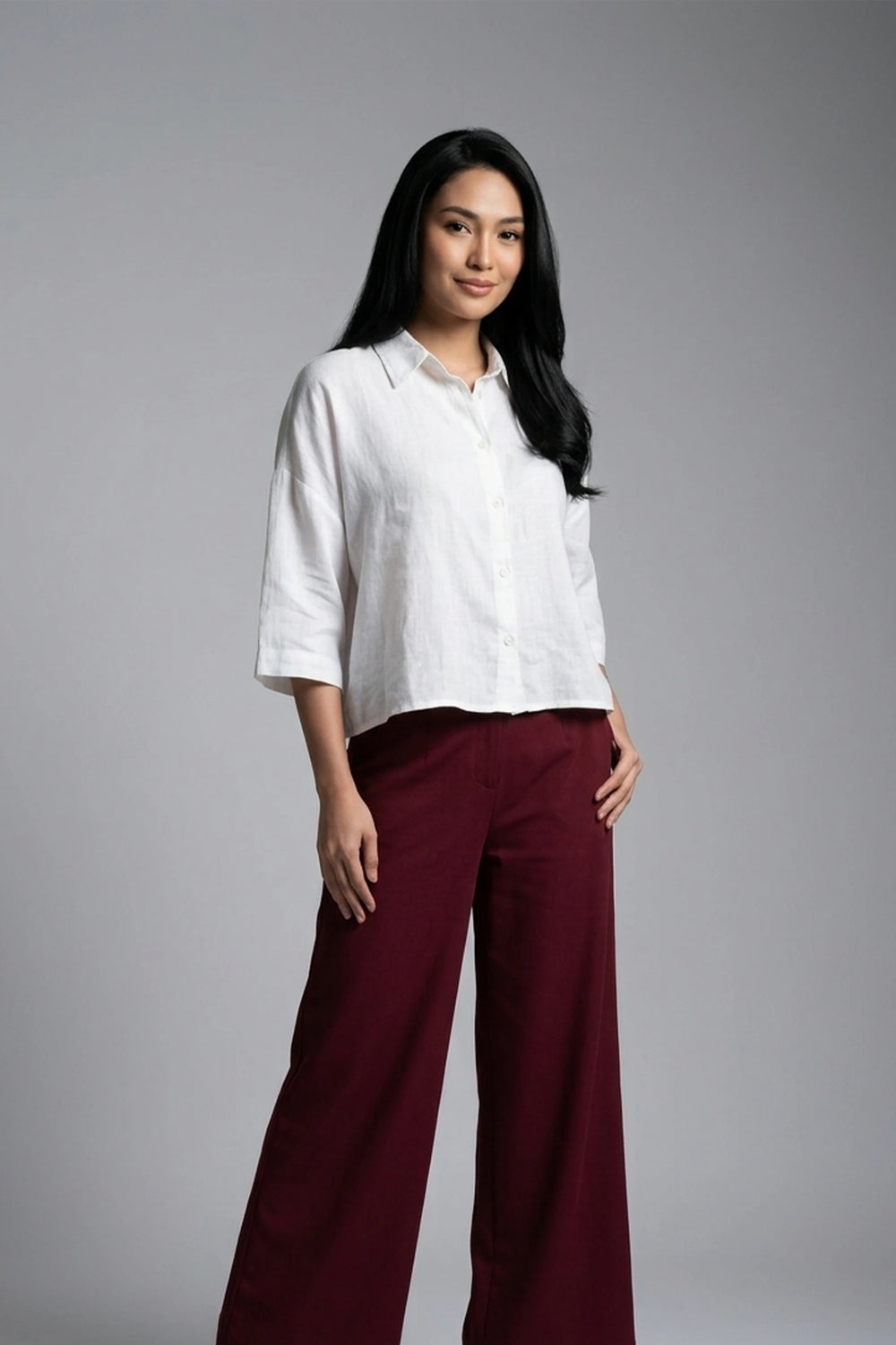 Women's Oversized Crop Linen Shirt 3/4 Sleeve Button Up