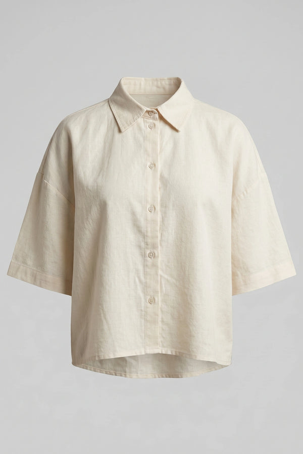 Women's Oversized Crop Linen Shirt Short Sleeve