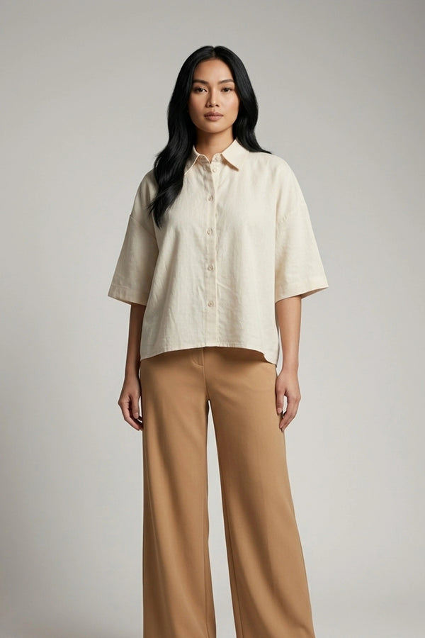 Women's Oversized Crop Linen Shirt Short Sleeve