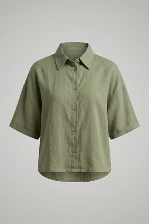 Women's Oversized Crop Linen Shirt Short Sleeve