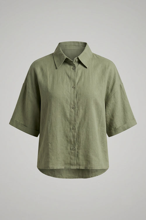 Women's Oversized Crop Linen Shirt Short Sleeve