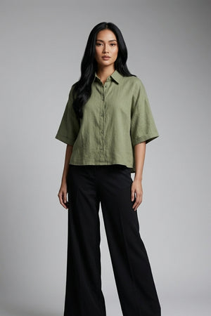 Women's Oversized Crop Linen Shirt Short Sleeve