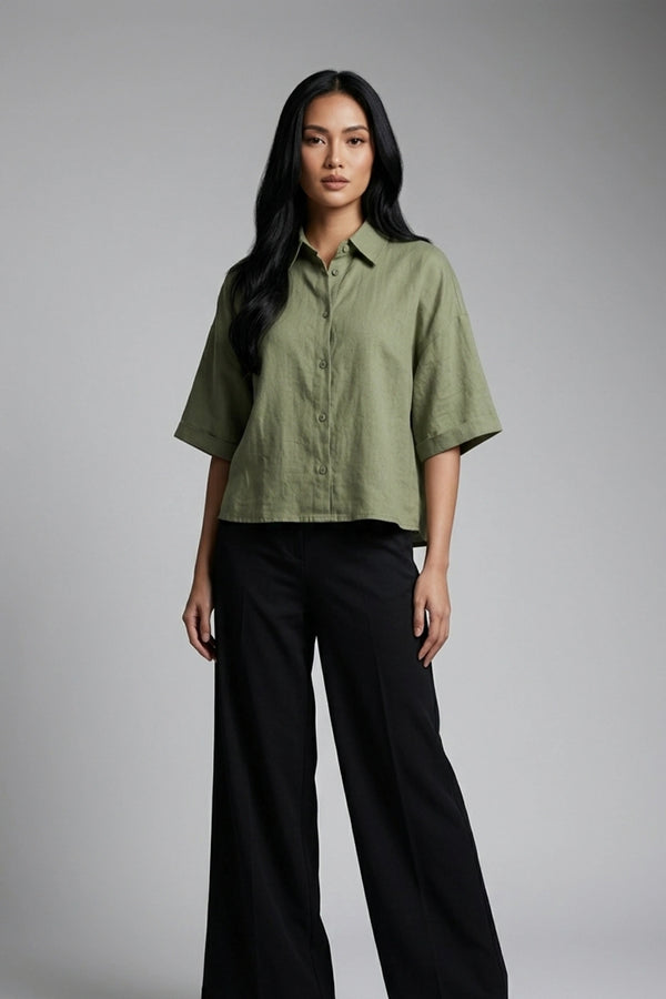 Women's Oversized Crop Linen Shirt Short Sleeve