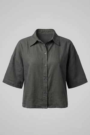 Women's Oversized Crop Linen Shirt Short Sleeve