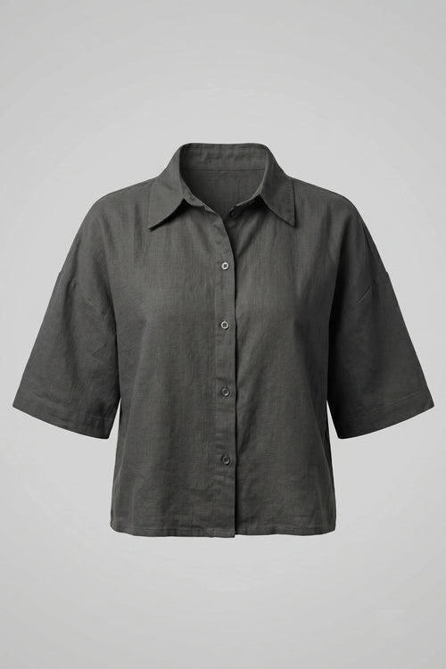 Women's Oversized Crop Linen Shirt Short Sleeve